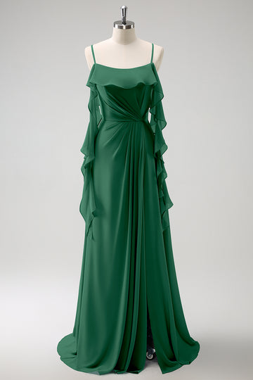 Gris Azul Un Vestido de Dama de Honor Largo de Gasa con Tirantes de Espagueti Azul A con Abertura